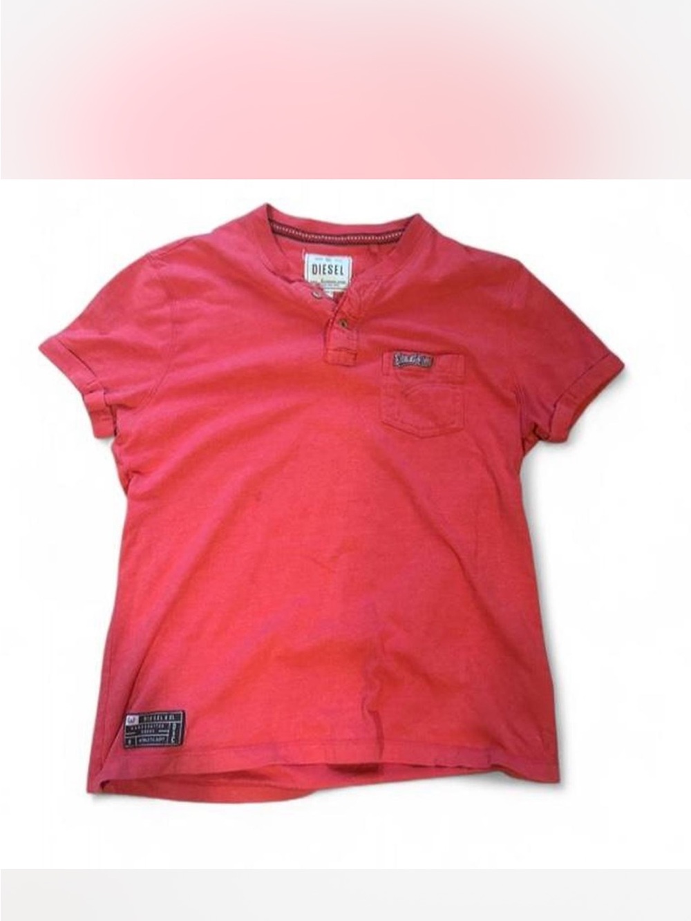Diesel Red Short-Sleeve Henley Tee with Chest Pocket